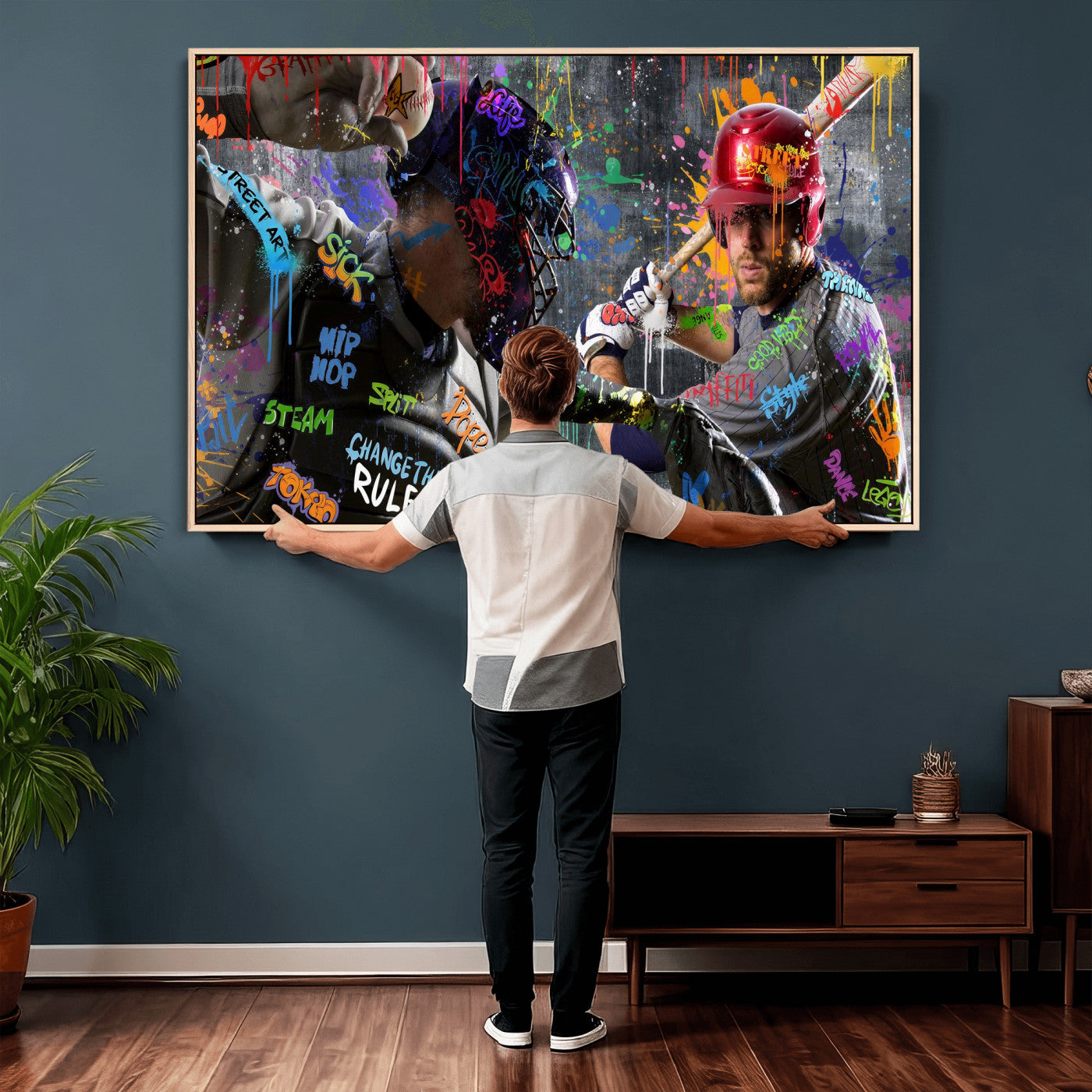 19634994-MGV-CV-36X24 - Graffiti Baseball Player Street Art Wall Art Canvas Print, Urban Sports Pop Art Baseball Canvas Print, Modern Athletic Graffiti Contemporary Art Printing