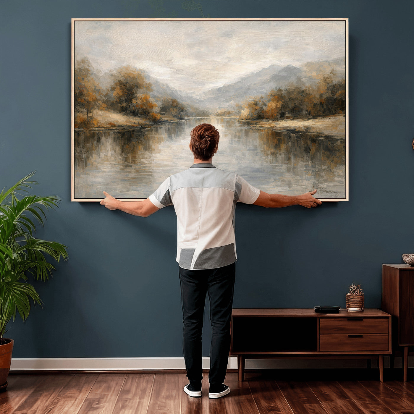 29251761-MGV-CV-36X24 - Neutral Abstract River Landscape Wall Art Canvas Print, Modern Minimal Nature Reflection Canvas Print, Beige Gray Contemporary Mountain Art Printing