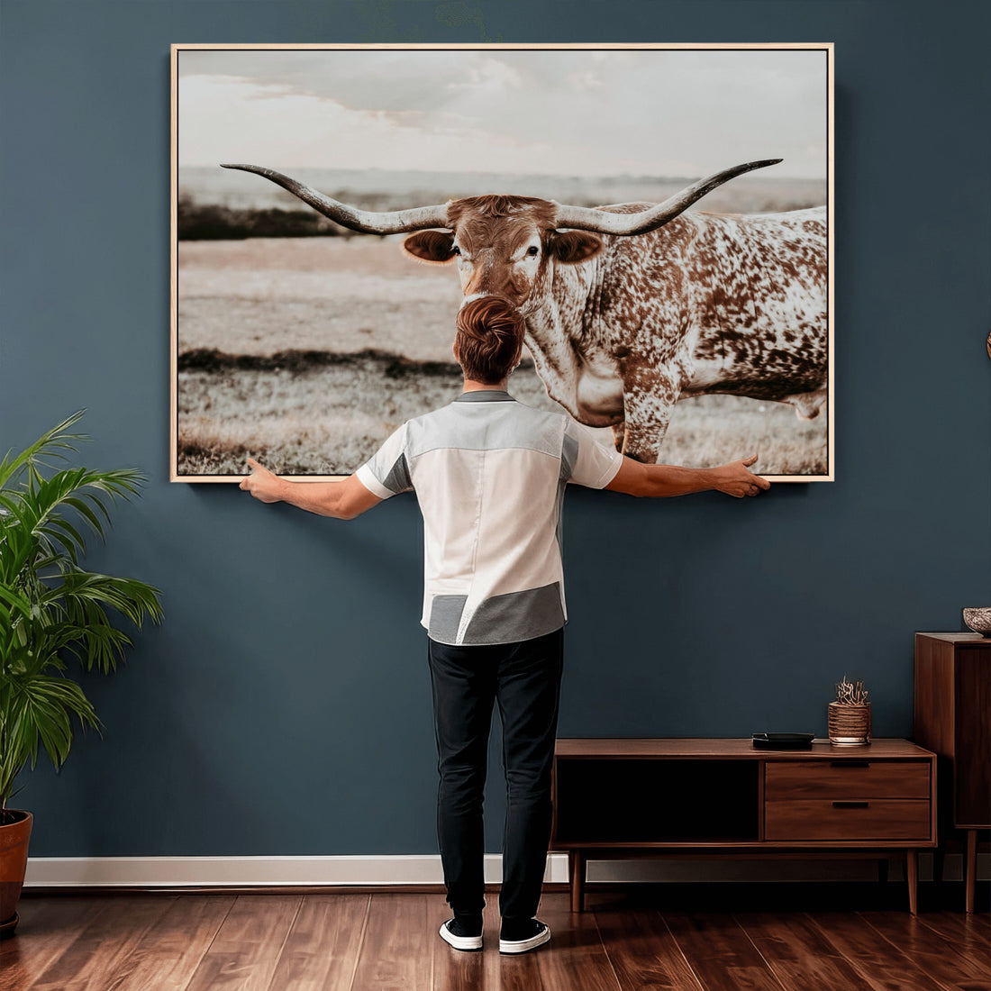 Texas Longhorn Bull Rustic Wall Art Canvas Print, Framed and Ready to Hang