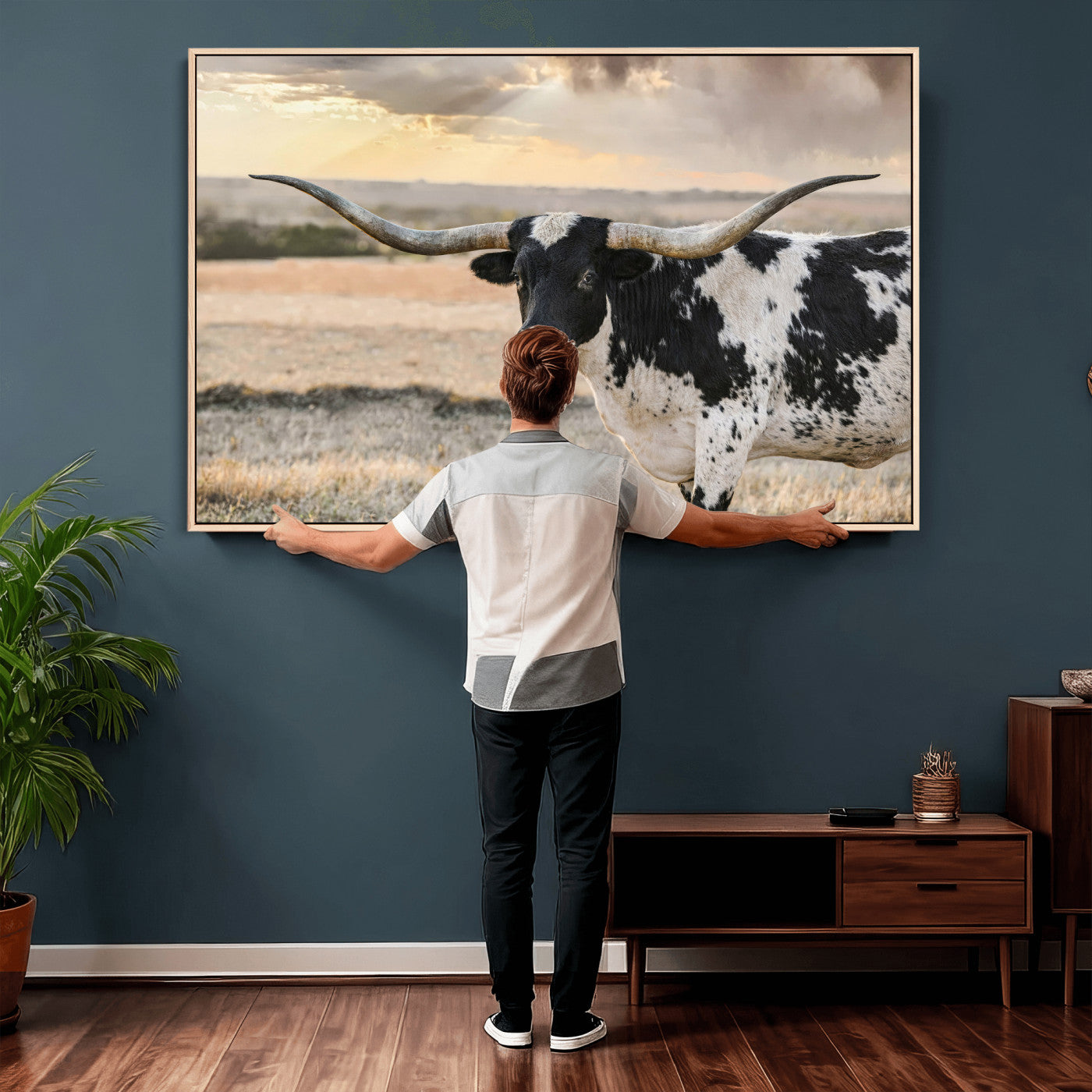 49350433-MGV-CV-36X24 - Texas Longhorn Bull Rustic Wall Art Canvas Print, Western Cattle Photography Canvas Print, Ranch Farm Animal Western Art Printing