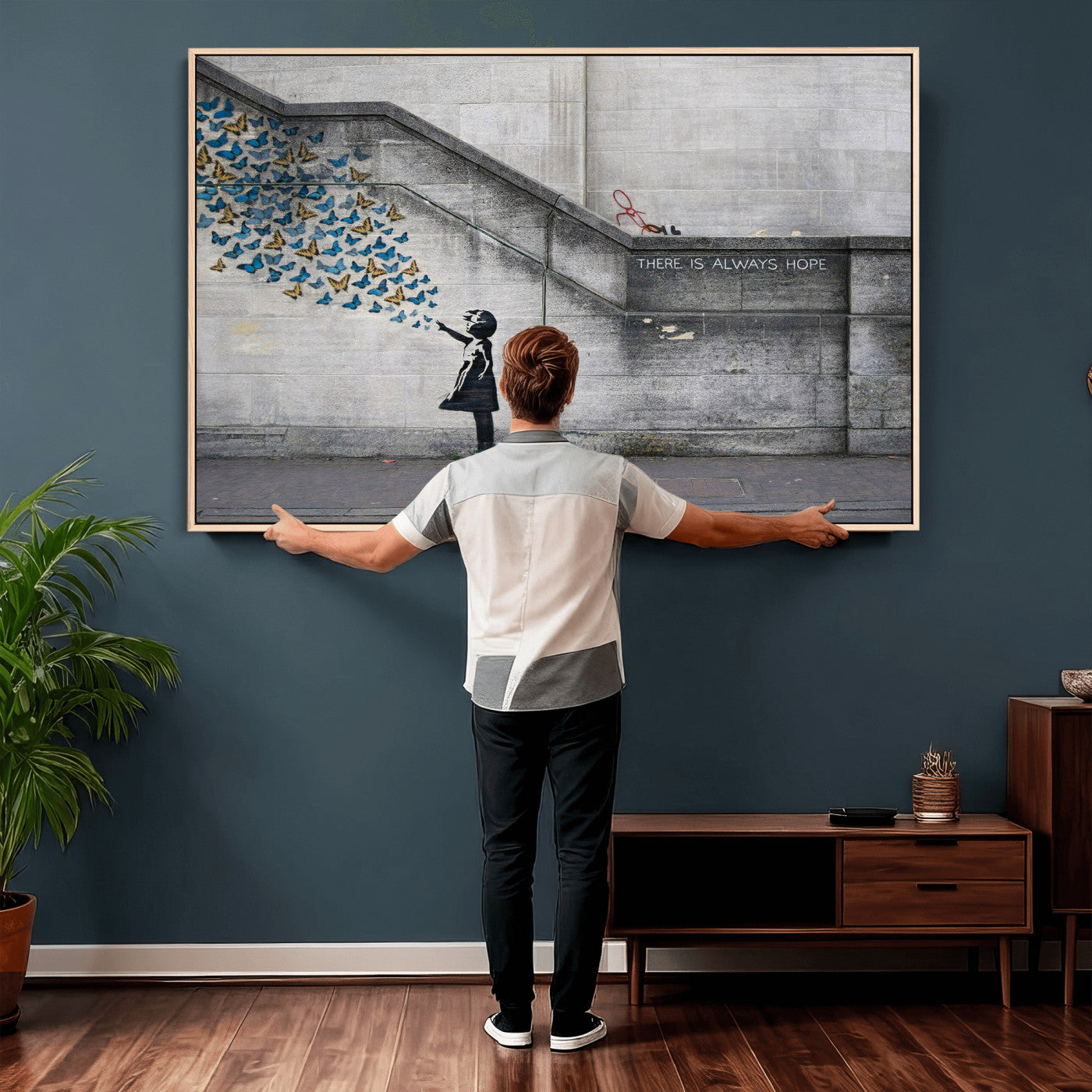 15274223-MGV-CV-36X24 - Banksy Girl with Butterflies Street Art Wall Art Canvas Print, Hope Graffiti Urban Art Canvas Print, Minimalist Inspirational Street Art Contemporary Art Printing