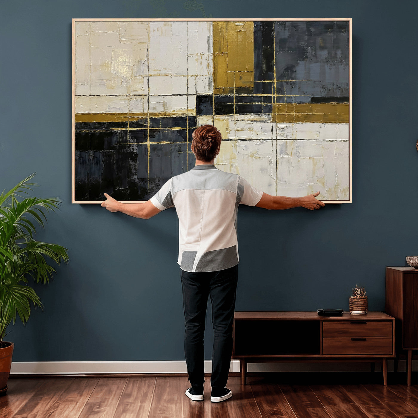 36097945-MGV-CV-36X24 - Abstract Gold and Black Wall Art Canvas Print – Modern Geometric Neutral Artwork for Living Room Decor