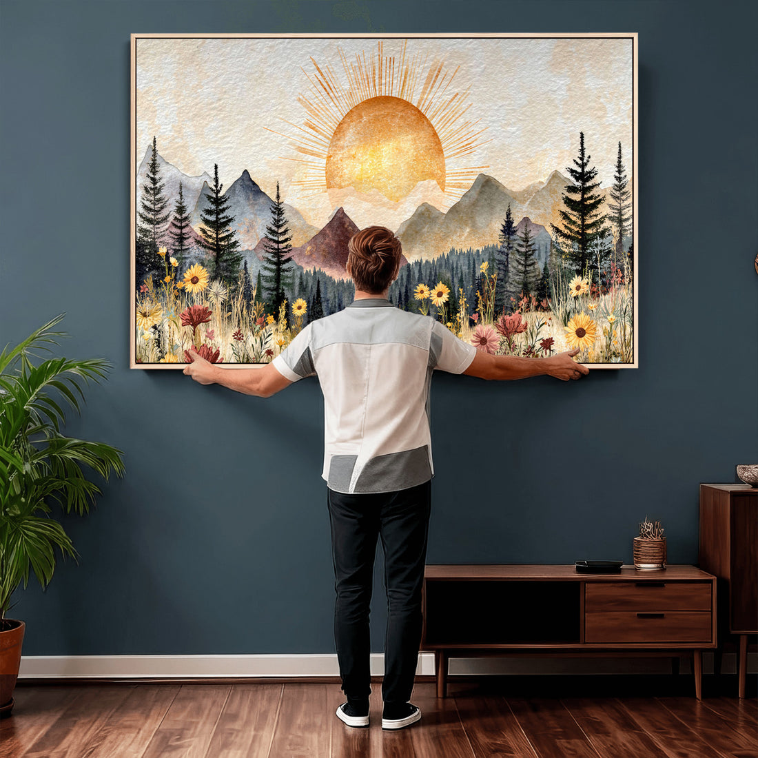 Boho Mountain Landscape Large Wall Art, Horizontal Gold Sun and Flowers Print