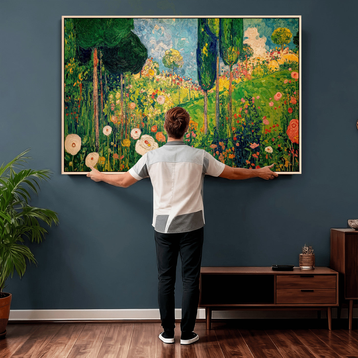 83517974-MGV-CV-36X24 - Gustav Klimt Boho Mountain Landscape Large Wall Art, Horizontal Gold Framed Canvas Print with Sun and Flowers