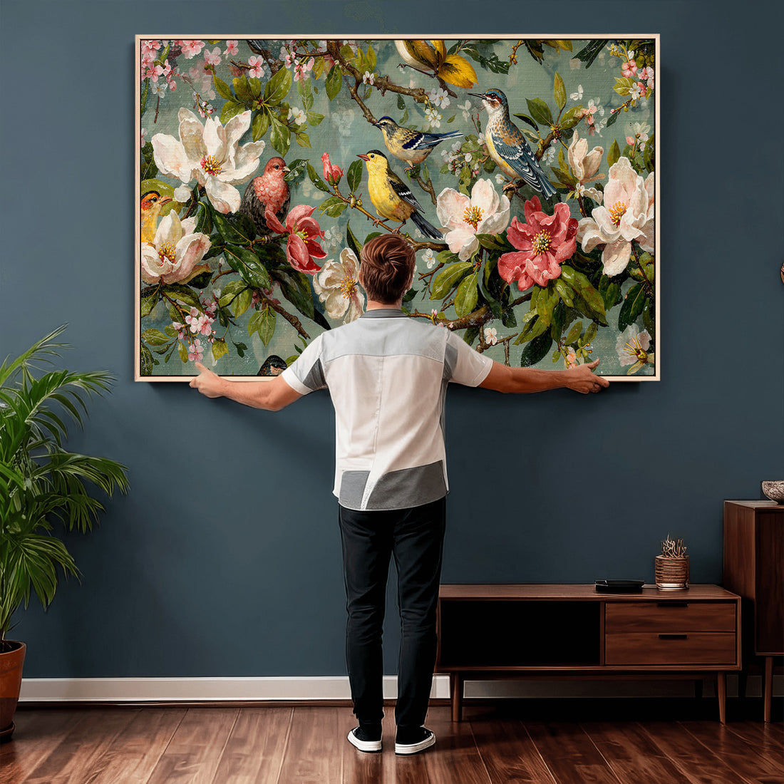 Vintage Birds and Flowers Wide Wall Art, Extra Large Panoramic Botanical Print