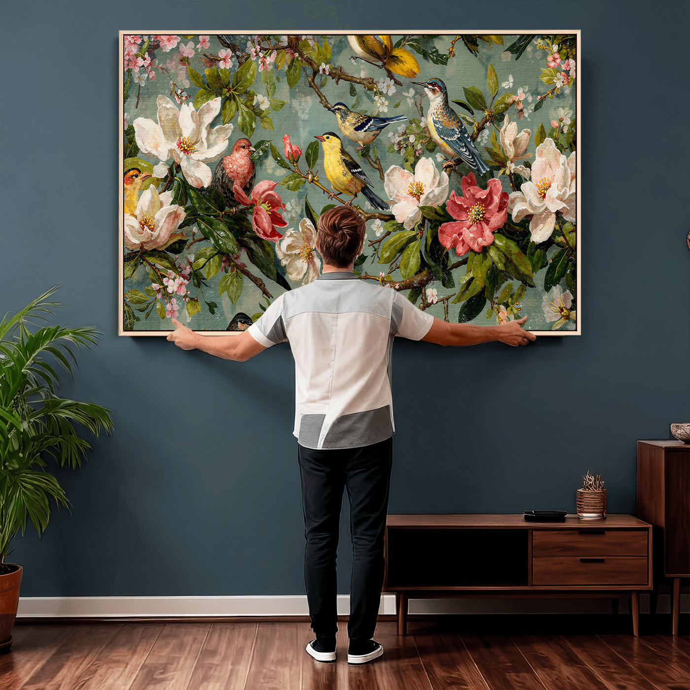 77883606-MGV-CV-36X24 - Vintage Birds and Flowers Wide Wall Art: Extra Large Panoramic Botanical Print