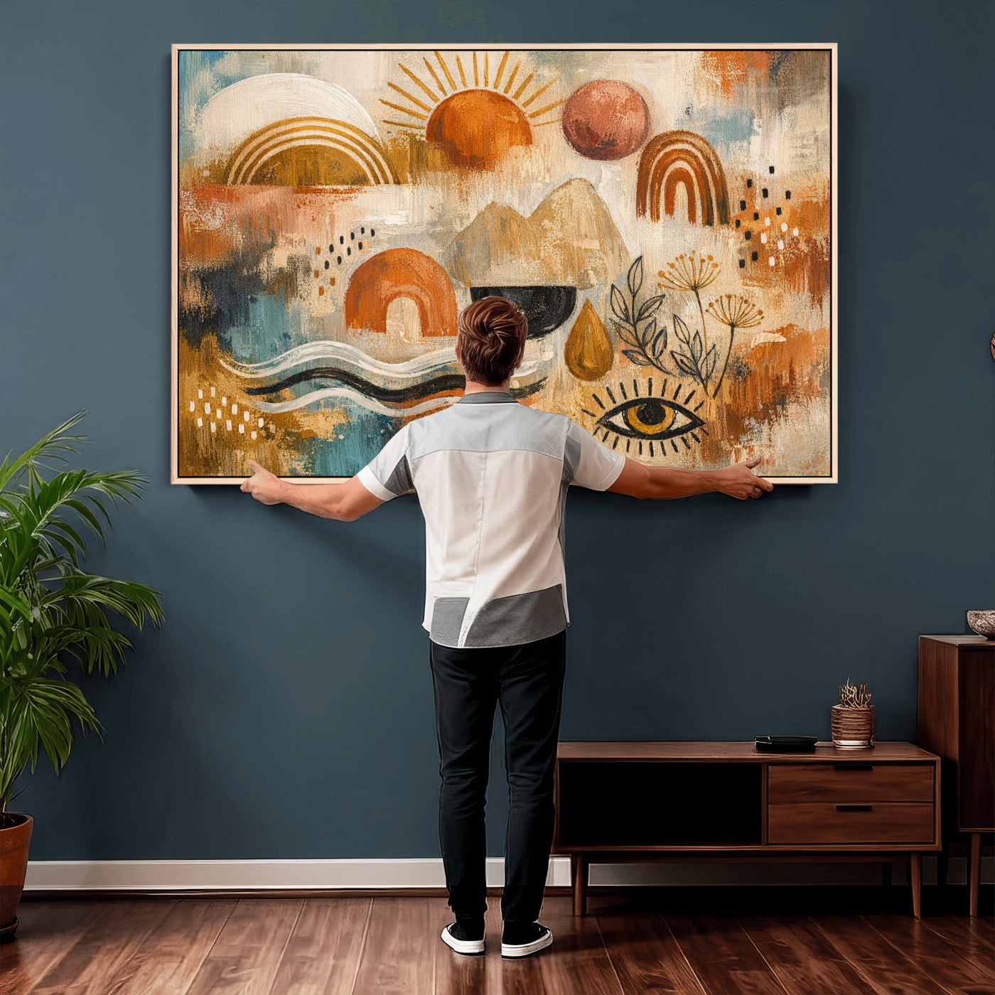 52155239-MGV-CV-36X24 - Geometric Boho Abstract Wall Art Canvas Print, Orange Blue Abstract Expressionist Painting Print, Modern Geometric Abstract Canvas Art