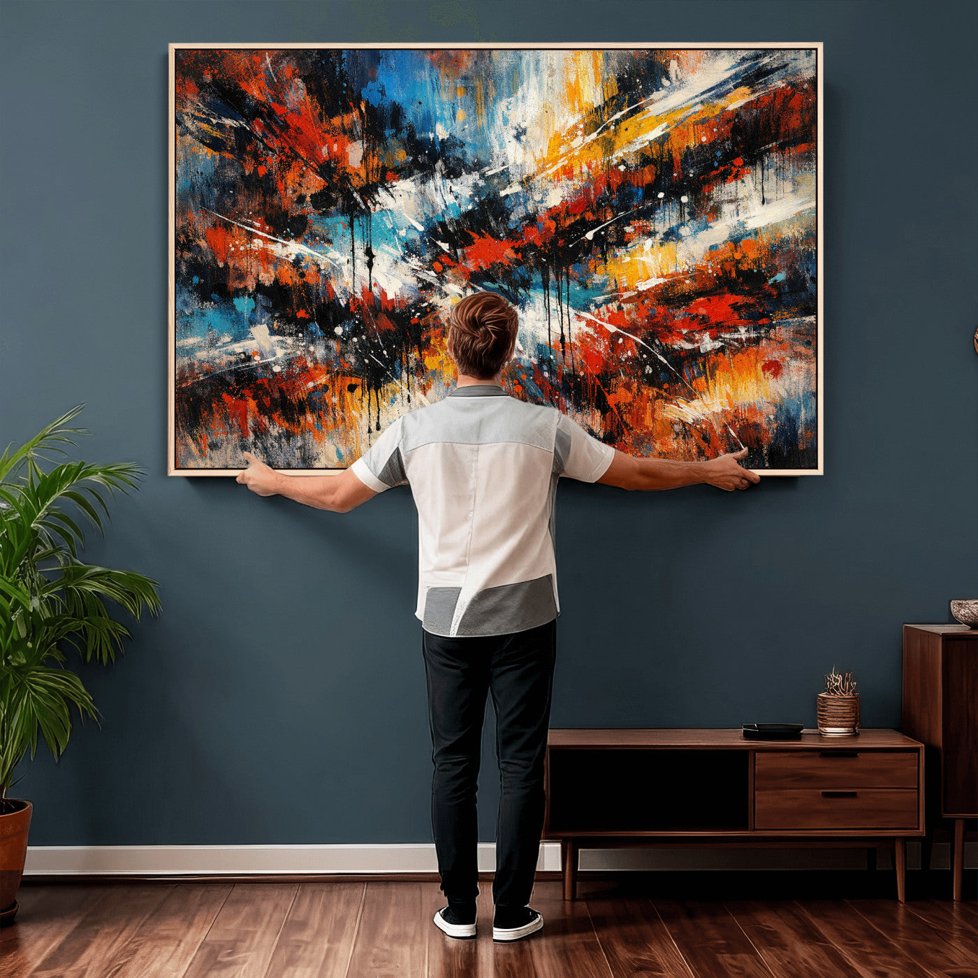 80276069-MGV-CV-36X24 - Geometric Abstract Wall Art Canvas Print, Orange Blue Abstract Expressionist Painting Print, Modern Geometric Abstract Canvas Art