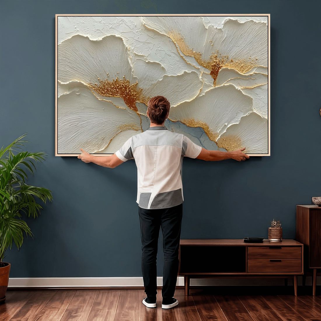 White Gold Floral Canvas Wall Art, Painterly Style Flower Print