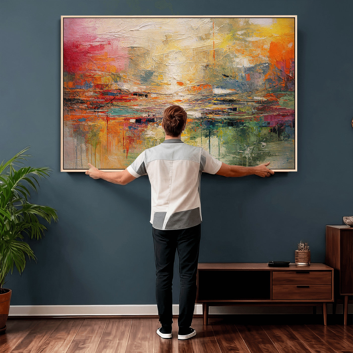 4712069P1-MGV-CV-36X24 - Colorful Abstract Canvas Wall Art — Large Textured Oil Painting Style Print | Orange Red Boho Wall Decor | Modern Living Room Art | Bold Wall Art