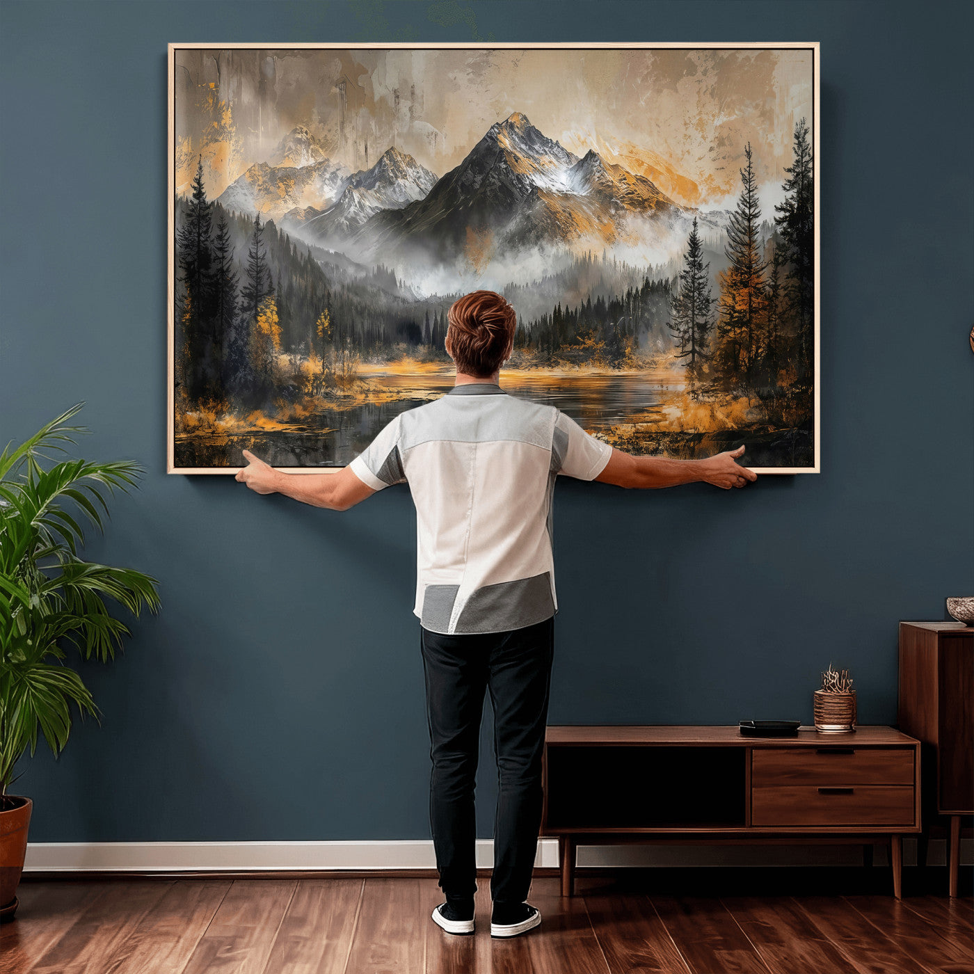 4712069D1-MGV-CV-36X24 - Mountain Lake Canvas Wall Art — Rustic Forest Landscape Print | Gold Grey Nature Decor | Cabin Wall Art | Large Wilderness Art Print Gift