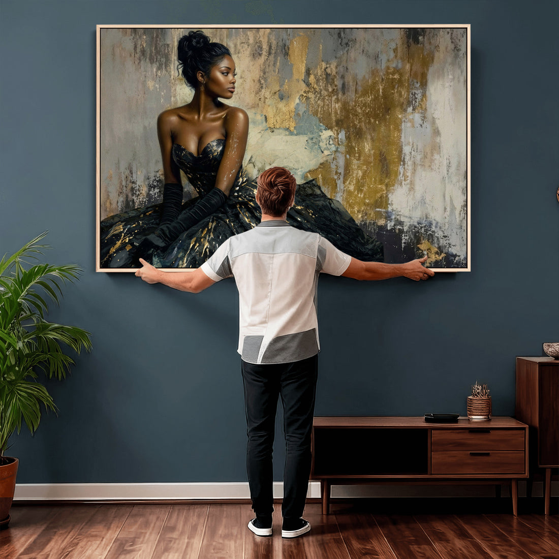 Black Woman Canvas Wall Art | Black Gold Gown Fashion Print