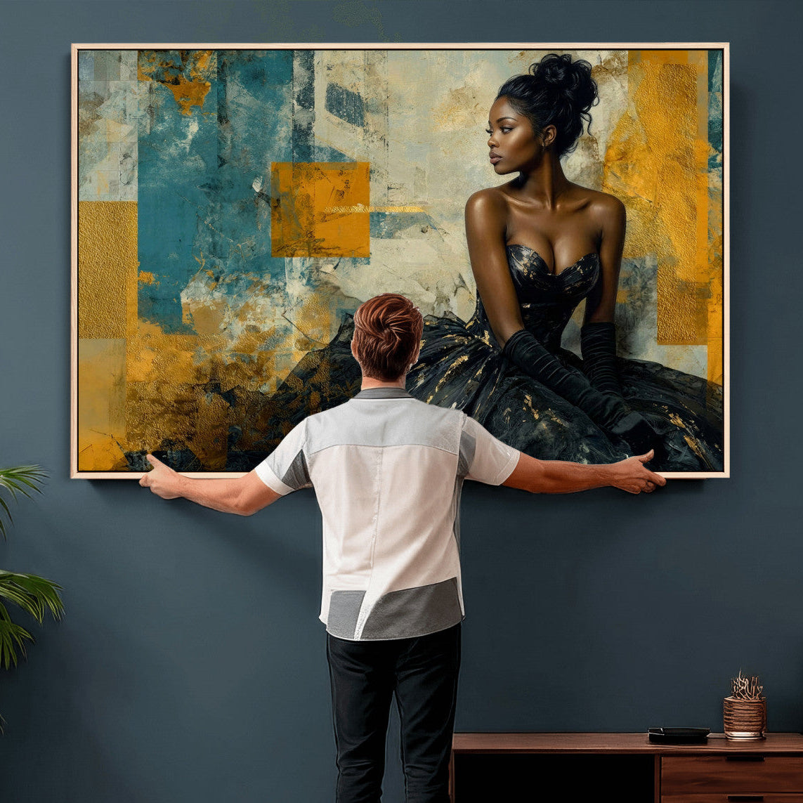 4712069Z21-MGV-CV-36X24 - Elegant Woman Canvas Wall Art — Black Gold Gown Fashion Print | Luxury Glam Wall Decor | African American Art | Bold Bedroom Wall Art Gift