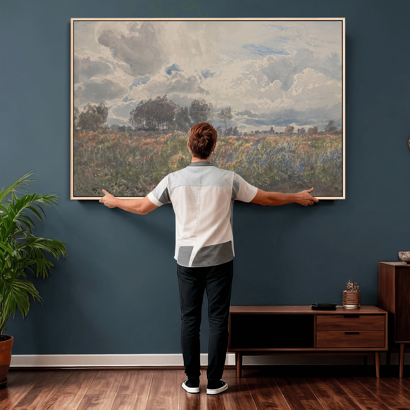 76626885-MGV-CV-36X24 - Vintage Watercolor Meadow Canvas Wall Art — English Pastoral Wildflower Storm Sky Print | Cottagecore Nature Decor | Classic Landscape Gift