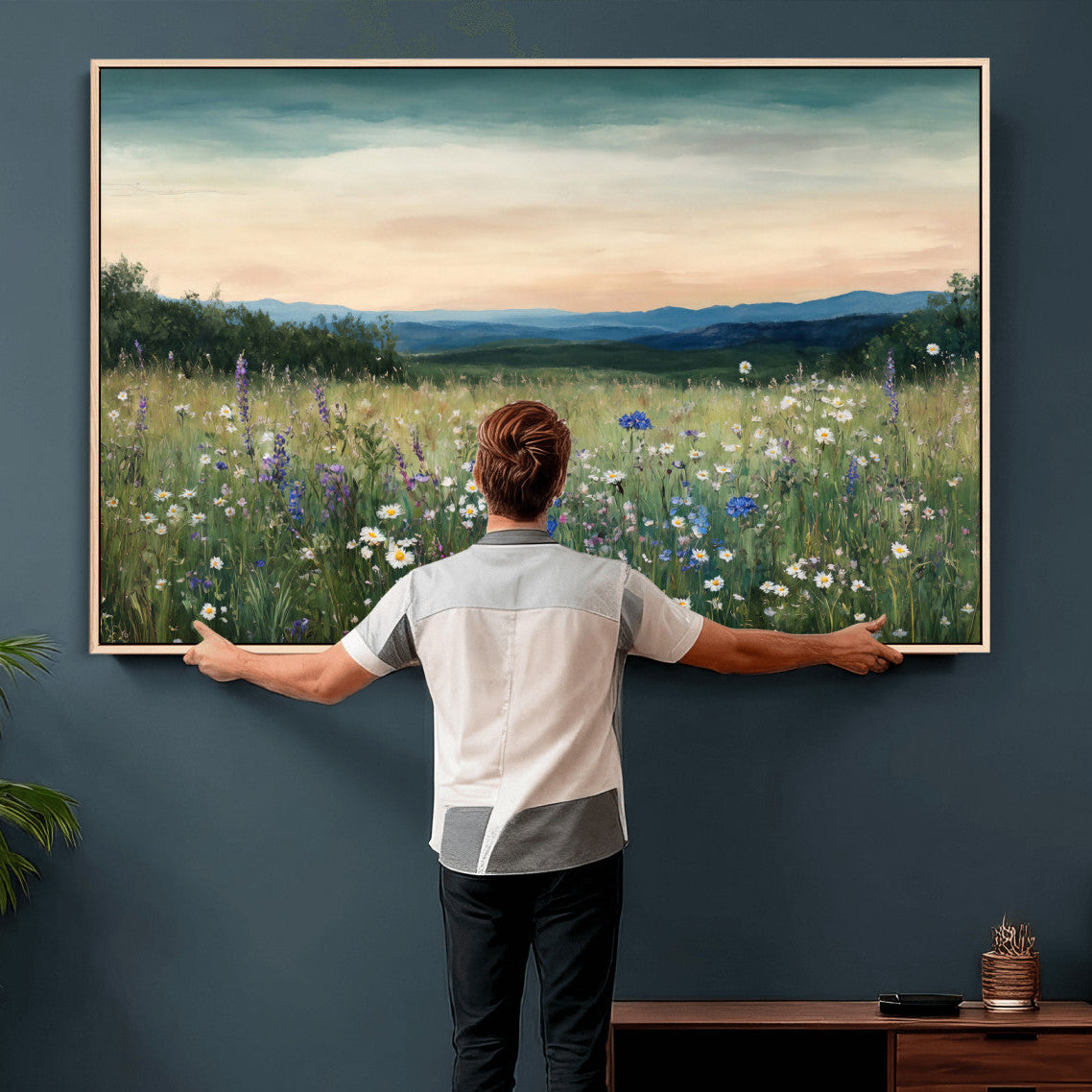 35773805-MGV-CV-36X24 - Wildflower Meadow Oil Painting Canvas — Daisy Lavender Mountain Sunset Print | Cottagecore Floral Wall Art | Bedroom Decor Gift for Her