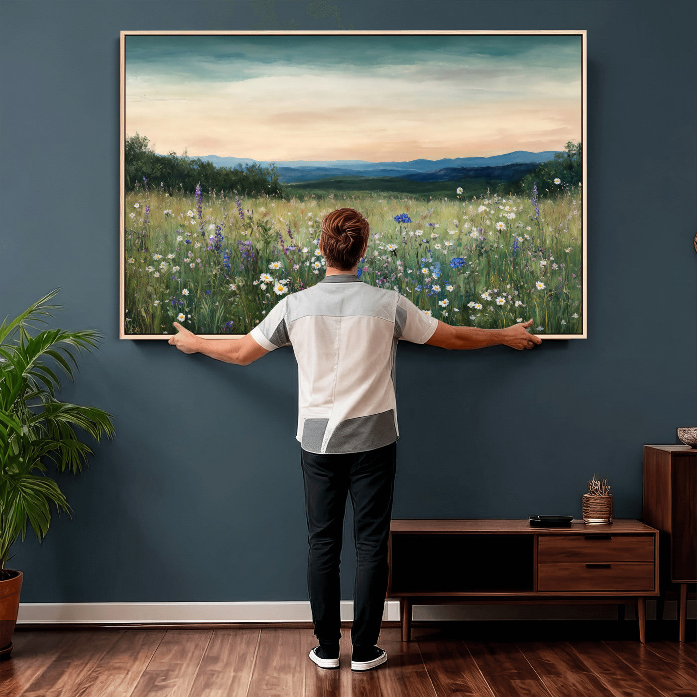 35773805-MGV-CV-36X24 - Wildflower Meadow Oil Painting Canvas Print - Daisy Lavender Mountain Sunset Print | Cottagecore Floral Wall Art - Bedroom Decor Gift for Her