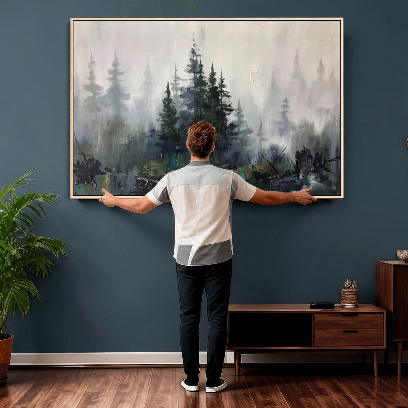 94143325-MGV-CV-36X24 - Misty Pine Forest Oil Painting Canvas — Dark Moody Teal Grey Tree Print | Japandi Scandinavian Wall Art | Minimalist Nature Decor Gift