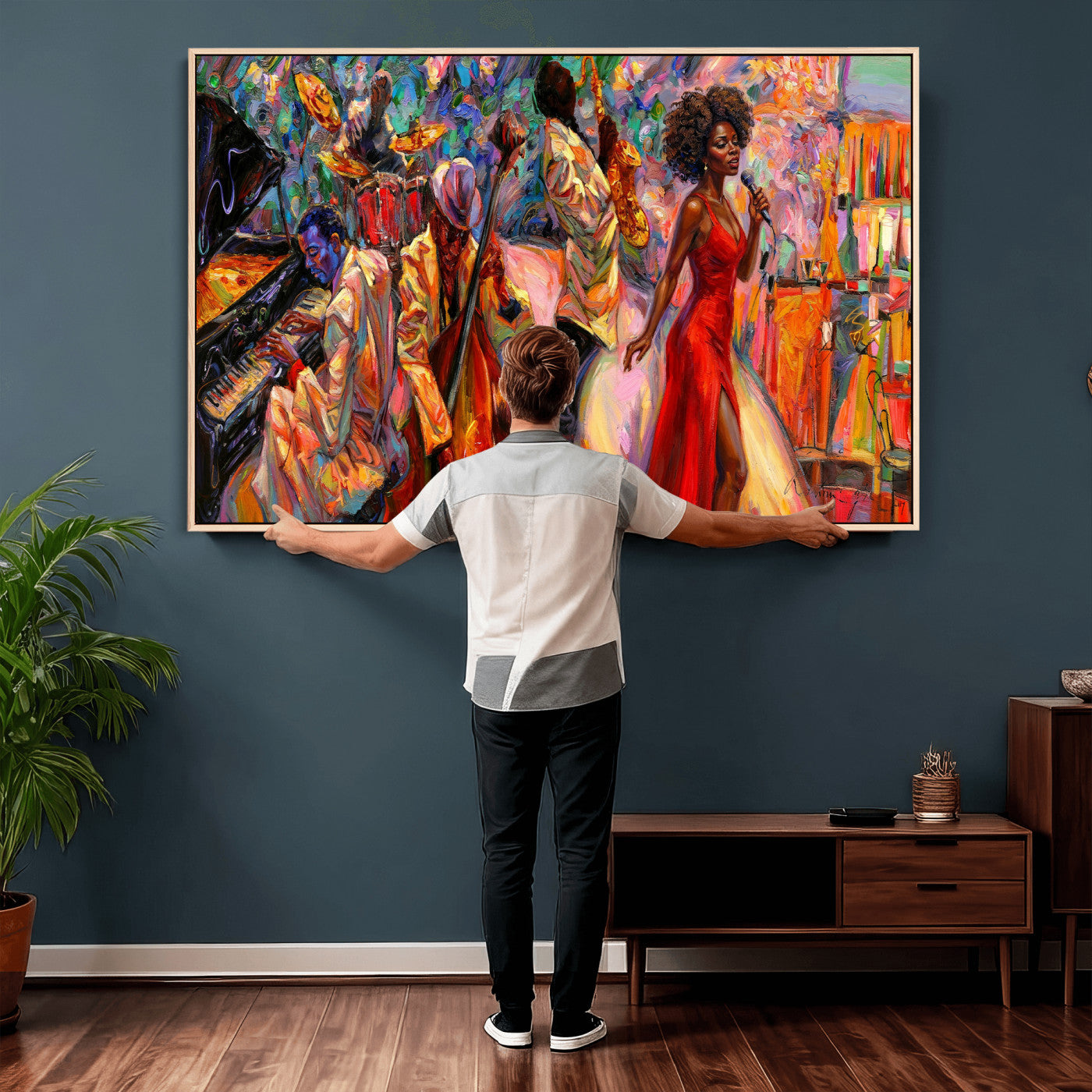 72615137-MGV-CV-36X24 - African American Jazz Singer Canvas Art - Red Dress Black Woman Music Print | Colorful Jazz Band Wall Decor | Living Room Gift for Her