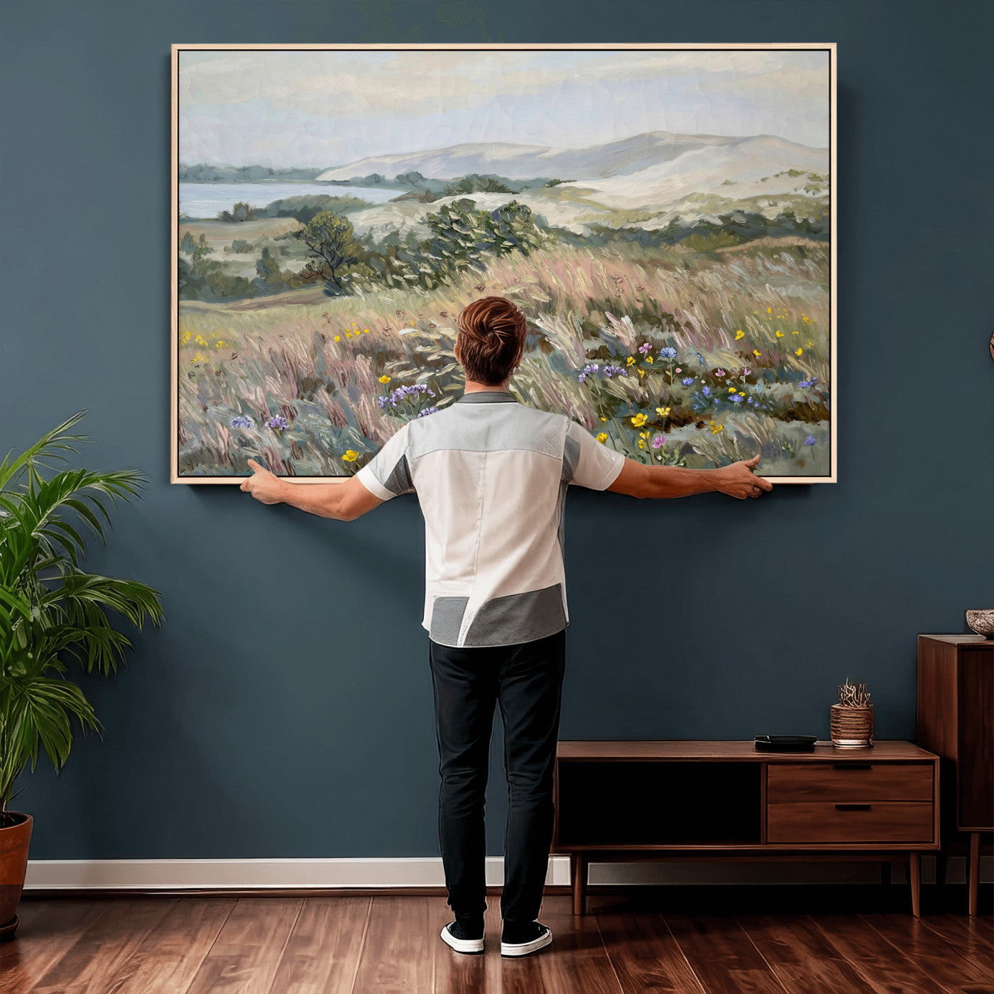 18013232-MGV-CV-36X24 - Katie Staples Hillside Canvas Wall Art — Coastal Wildflower Dune Oil Painting Print | Muted Green Nature Decor | Plein Air Landscape Gift