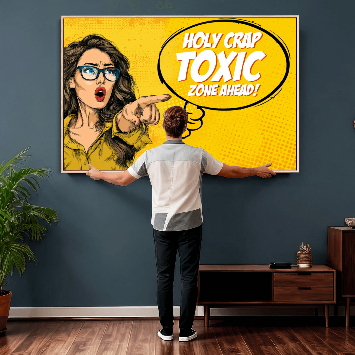 79751885-MGV-CV-36X24 - Pop Art Print Bathroom Sign Wall Art Canvas Print — Funny Bathroom Canvas | Comic Style Toilet Wall Decor | Humor Gift | Yellow Bold Bathroom Art