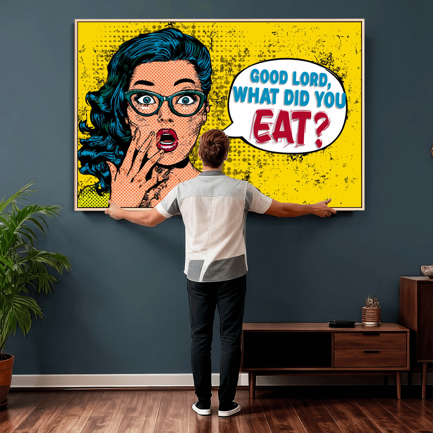 88217969-MGV-CV-36X24 - Pop Art Print Bathroom Sign Wall Art Canvas Print — Funny Bathroom Canvas | Comic Style Toilet Wall Decor | Humor Gift | Yellow Bold Bathroom Art
