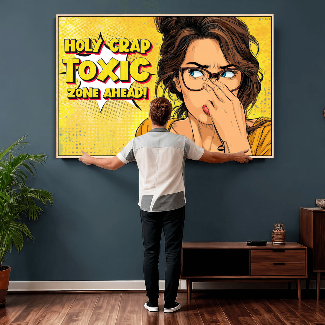 Pop Art Bathroom Sign Wall Art Canvas Print | Funny Yellow Comic Toilet Decor