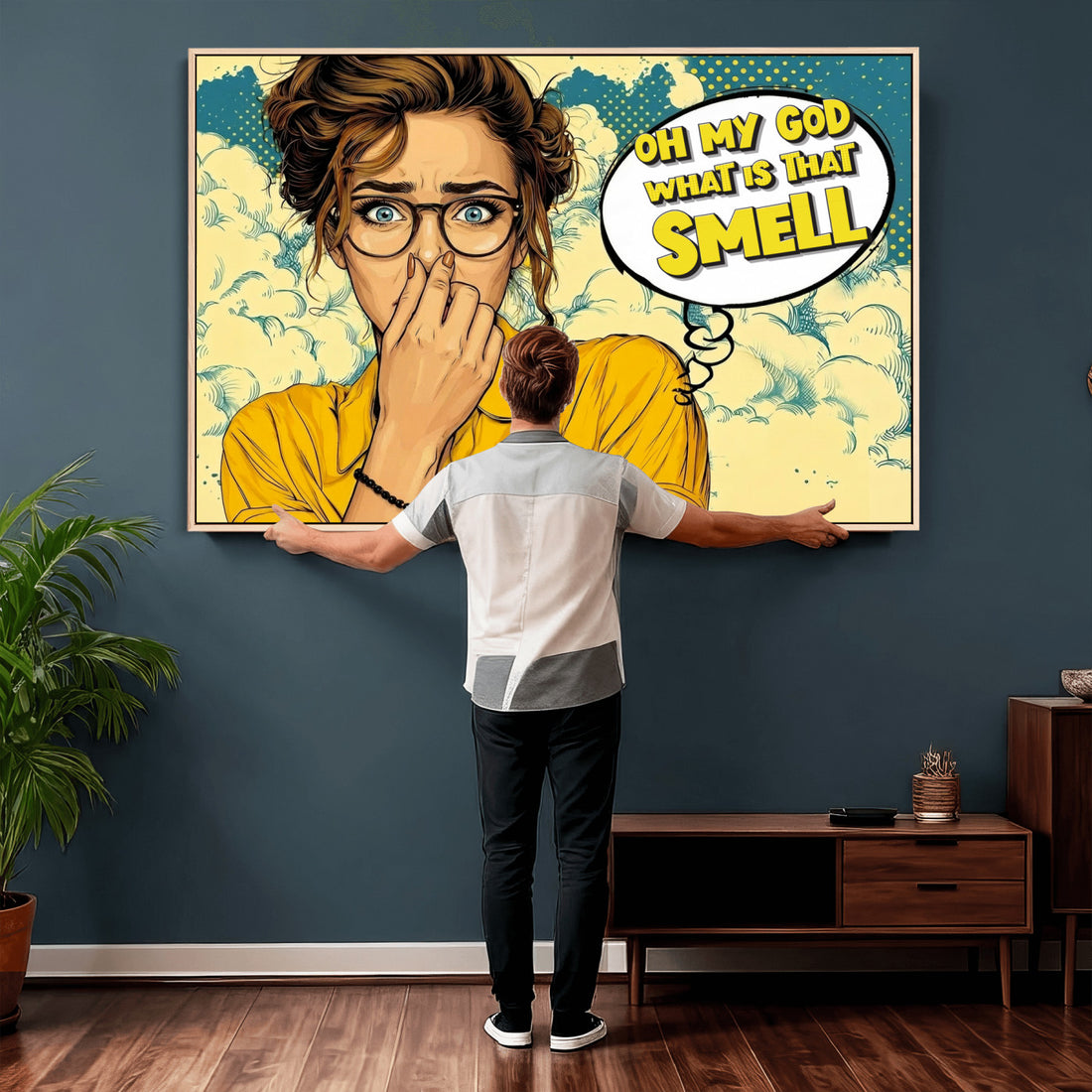 Pop Art Bathroom Sign Wall Art Canvas Print | Funny What Is That Smell Comic Sign