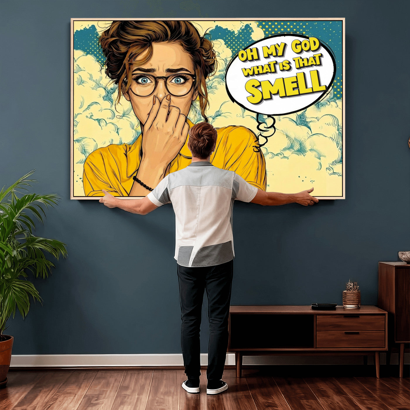 B79156505-MGV-CV-36X24 - Pop Art Print Bathroom Sign Wall Art Canvas Print — Funny Bathroom Canvas | Comic Style Toilet Wall Decor | Humor Gift | What is that Smell