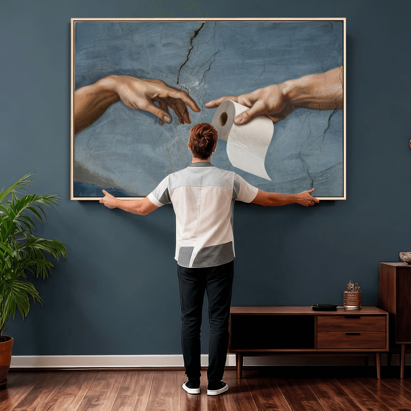 42648143-MGV-CV-36X24 - Funny Bathroom Canvas Wall Art, Michelangelo Creation of Adam Toilet Paper Parody, Renaissance Humor Print, Quirky Housewarming Gift, Toilet Room Decor