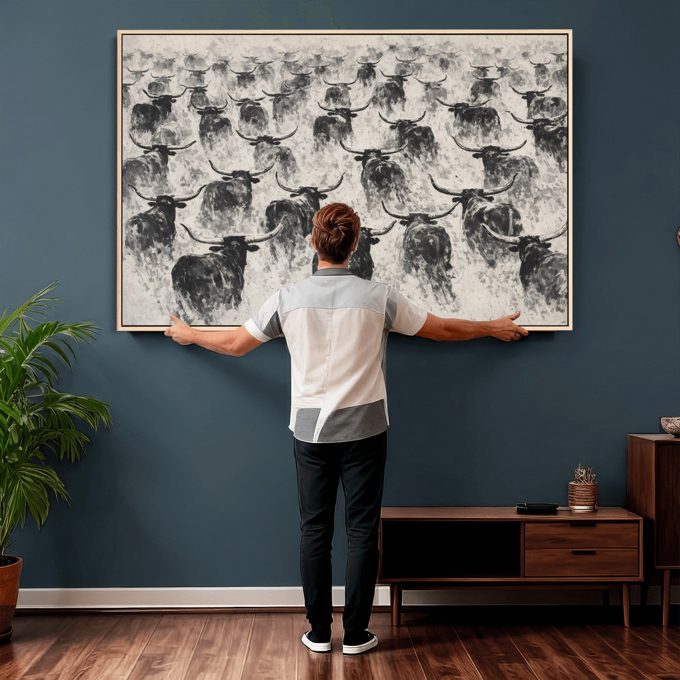 73328525-MGV-CV-36X24 - Texas Longhorn Drawing Canvas Wall Art, Western Cattle Stampede Painting Print, Warm Amber Ranch Decor, Rustic Cowboy Home Art, Large Living Room Decor