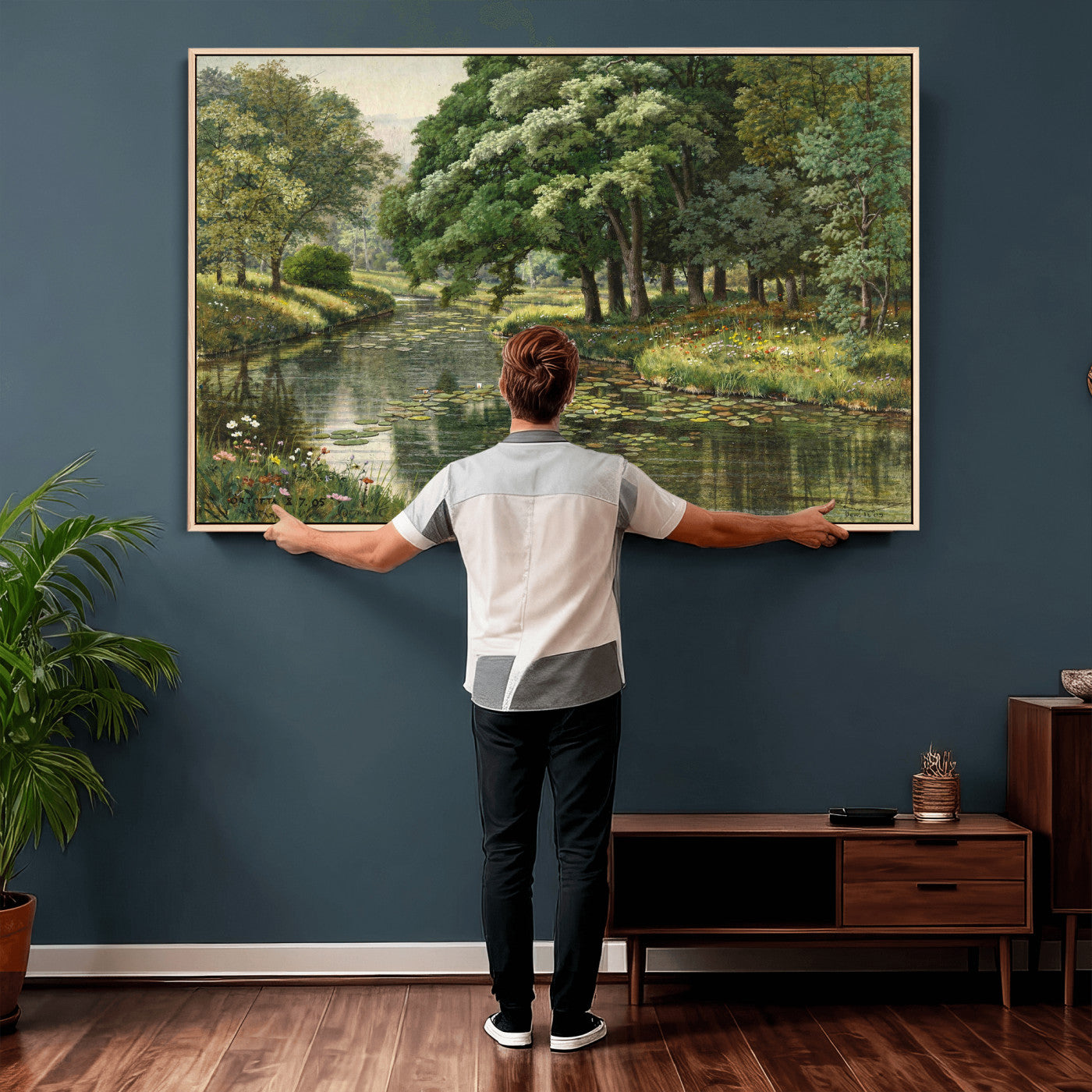 44288560-MGV-CV-36X24 - Forest Stream Canvas Wall Art, Peder Monsted A Forest Stream 1905 Print, Danish Realist Landscape, Lily Pad River Nature Decor, Vintage Green Painting