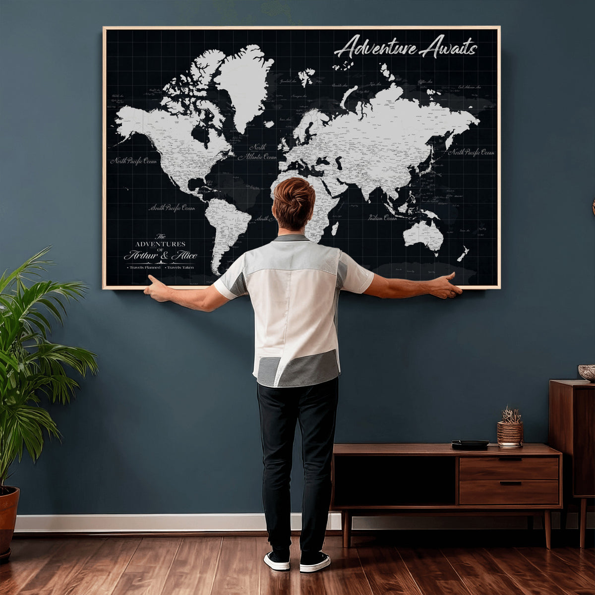 19855445B-MGV-CV-36X24 - Personalized Black Push Pin Travel Map Canvas Print, Couples Countries Visited Map, Entryway and Hallway Decor
