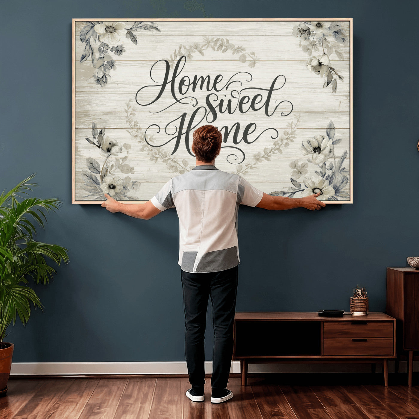 81157008-MGV-CV-36X24 - Home Sweet Home Wall Art Canvas Print, Floral Farmhouse Sign, Rustic Neutral Entryway Bedroom Living Room Decor