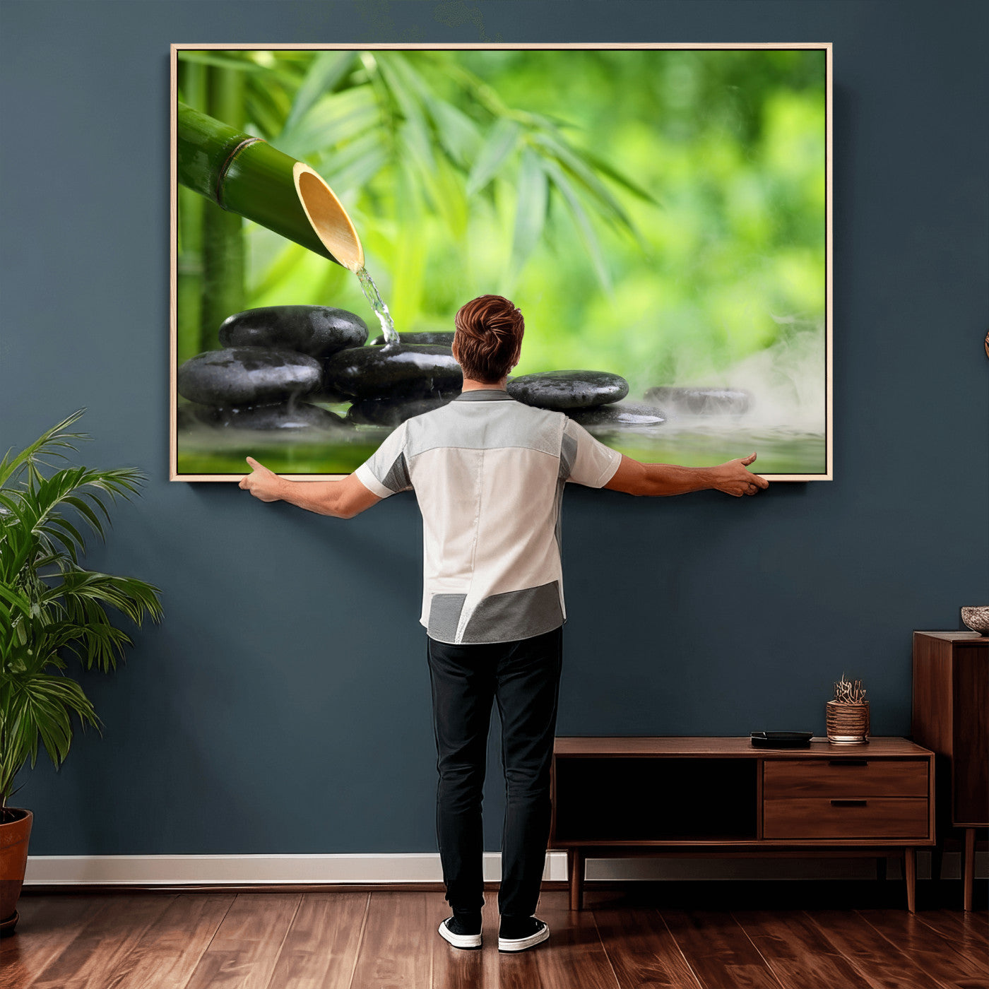 26961320-MGV-CV-36X24 - Bamboo Water Flow Black Stone Canvas | Zen Spa Nature Photography Print | Green Mist Japanese Garden Wall Art | Tranquil Decor