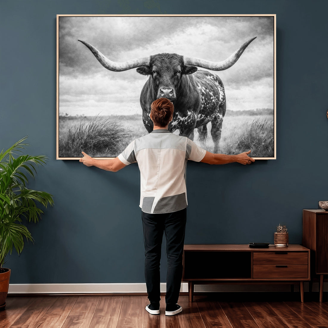 Texas Longhorn Canvas Wall Art Western Bull Desert, Framed and Ready to Hang