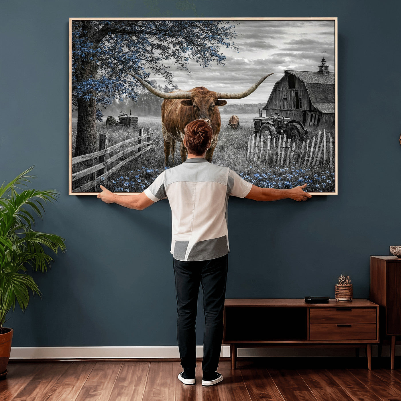 19366343-MGV-CV-36X24 - Texas Longhorn Canvas Wall Art, Rustic Farm Barn Bluebonnet Photography Print, Farmhouse Country Decor, Western Ranch Art, Old Truck Tractor Print