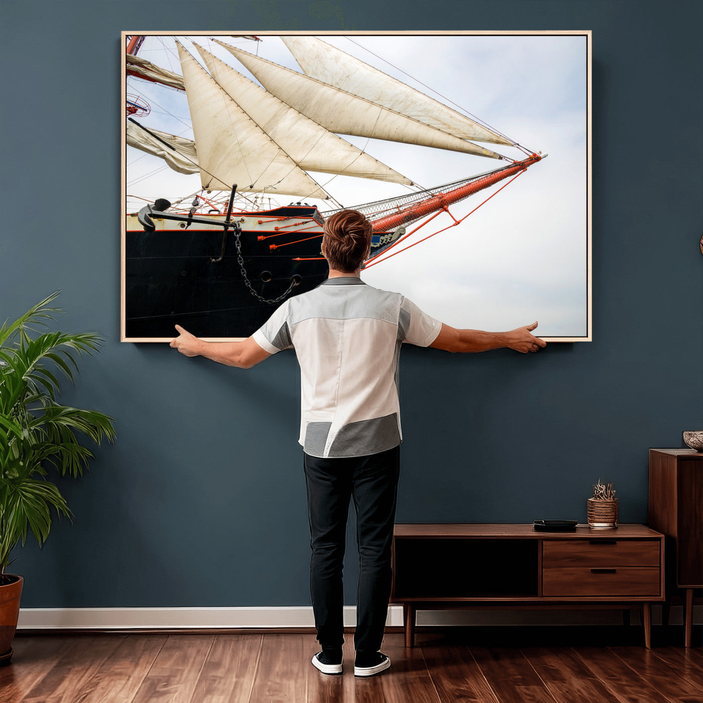 64830036-MGV-CV-36X24 - Sailboat Wall Art Canvas Print, Vintage Ship Bow Framed Artwork, Nautical Sailing Decor for Living Room Office Beach House