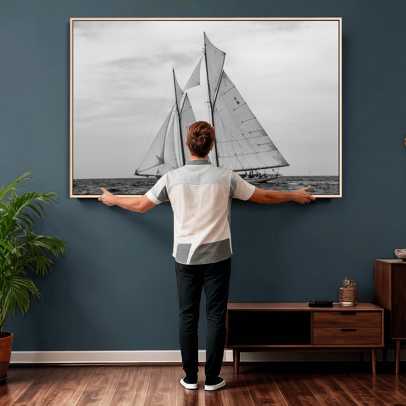 52882918-MGV-CV-36X24 - Vintage Sailboat Wall Art Canvas Print, Black and White Schooner Framed Artwork, Nautical Ocean Sailing Decor for Living Room Office Beach House