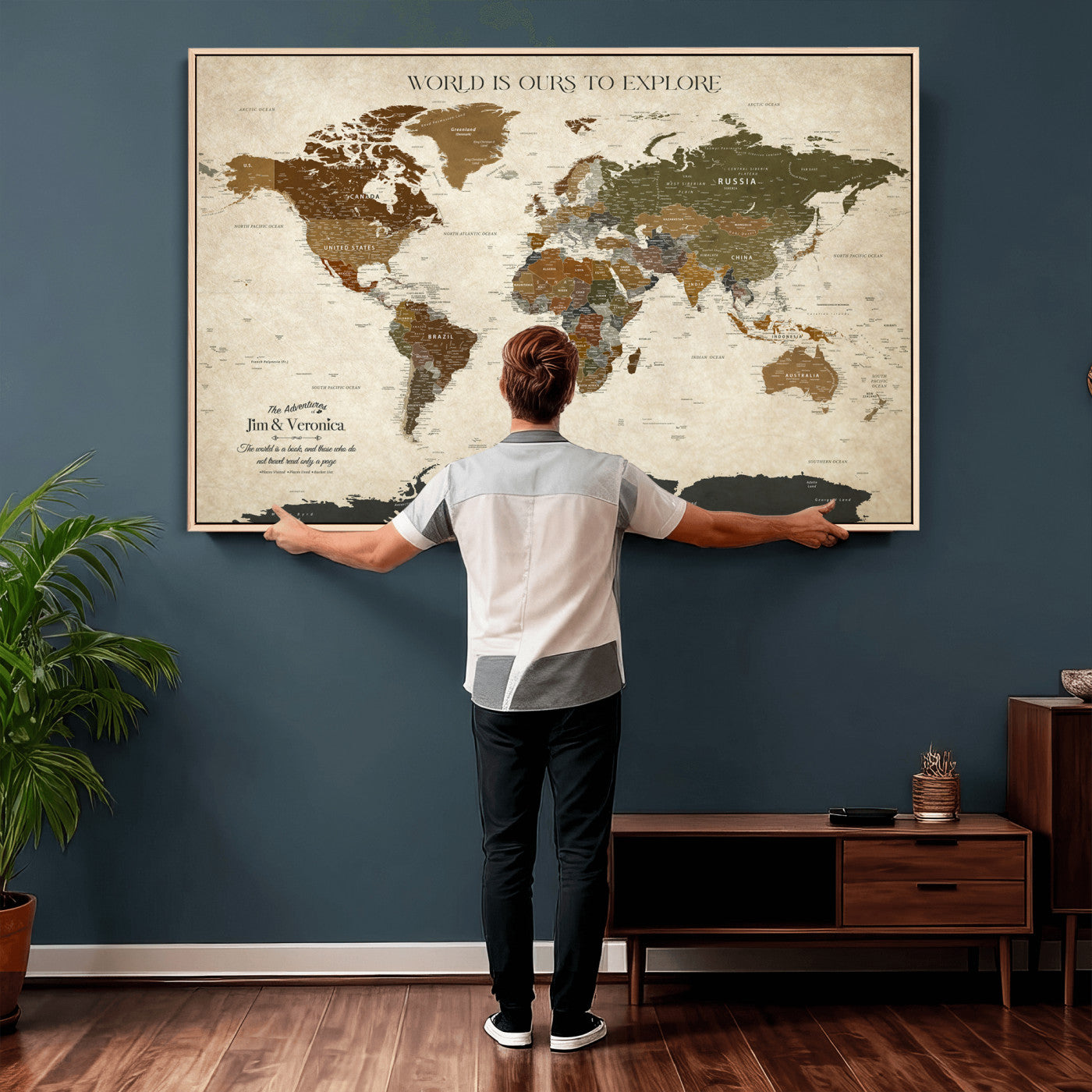 64110391126O-MGV-CV-36X24 - Custom Push Pin World Map Wall Art Canvas Print – Personalized Travel Tracker with Pins Framed Large for Home and Office Decor