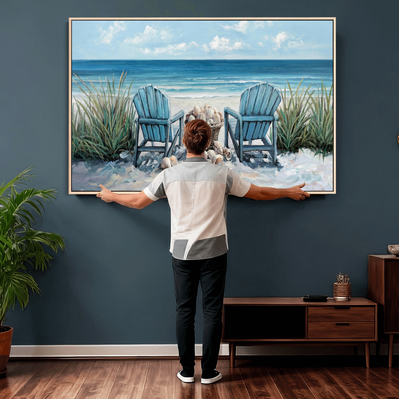 11973028-MGV-CV-36X24 - Beach Canvas Wall Art Coastal Adirondack Chairs Ocean Seashells Blue Nautical Framed Large for Living Room Bedroom Bathroom Decor