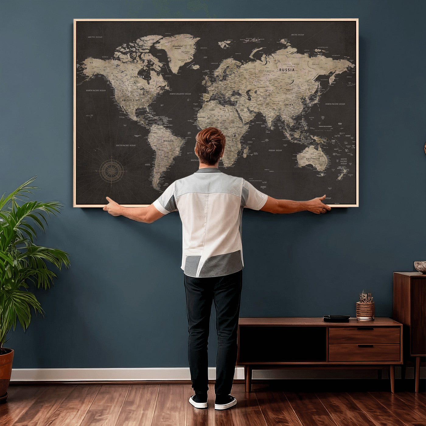 56556018136-MGV-CV-36X24 - World Map Canvas Wall Art Dark Charcoal Antique Tan Detailed Every Country Labeled Framed Large for Home Office Living Room Bedroom Decor