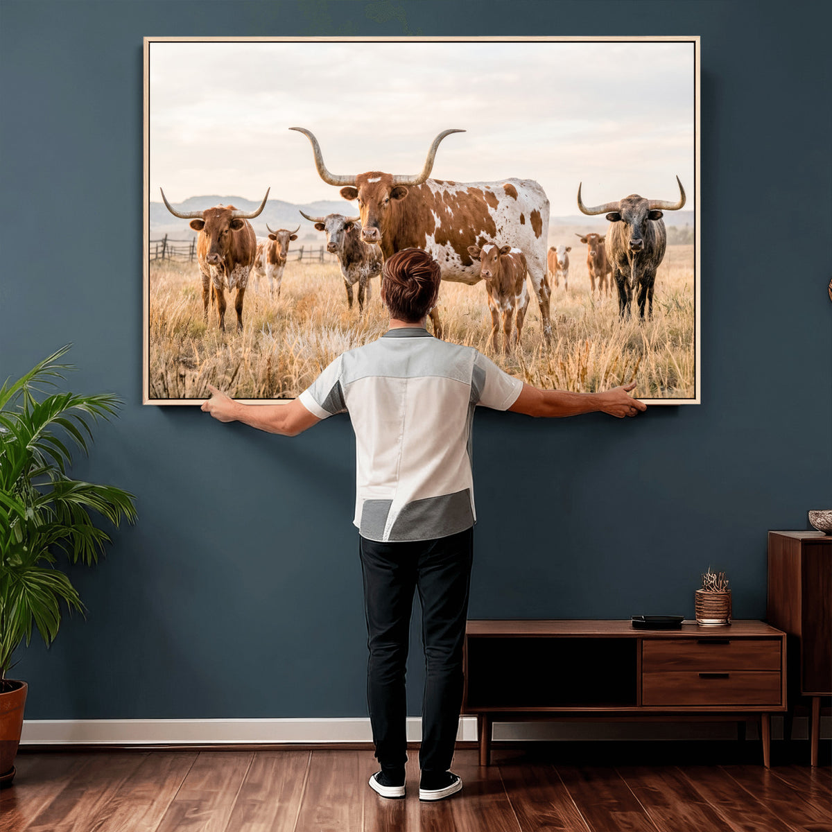 62336425AC-MGV-CV-36X24 - Texas Longhorn Canvas Wall Art, Rustic Farm Animal Photography Print, Farmhouse Country Decor, Western Ranch Art