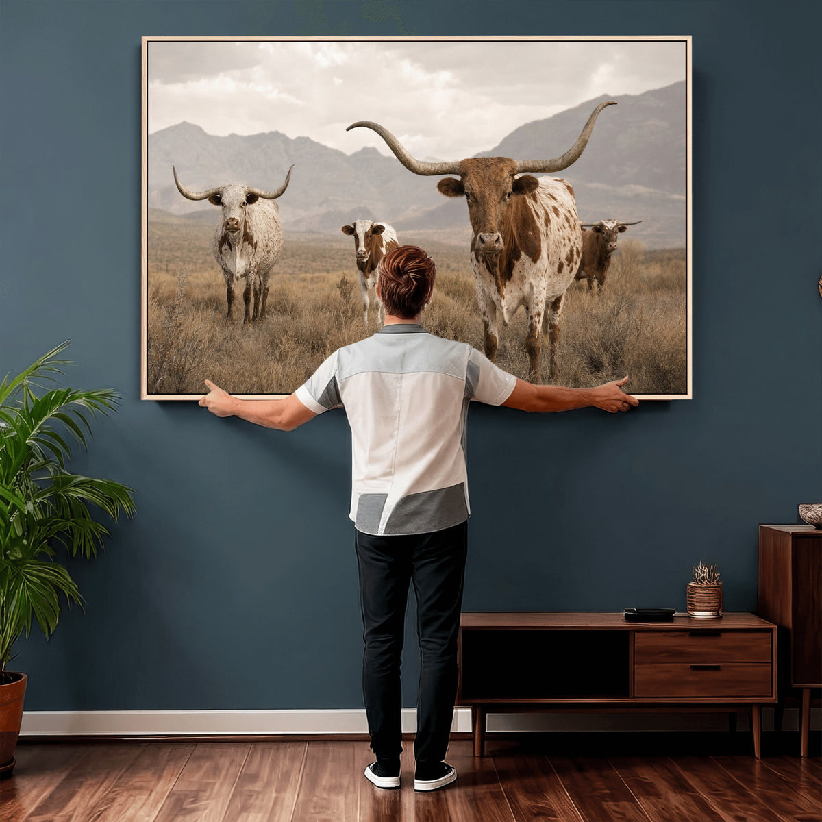 62336425AD-MGV-CV-36X24 - Rustic Texas Longhorn Cow Canvas Wall Art Print, Rustic Farm Animal Photography Print, Farmhouse Country Decor, Western Ranch Art
