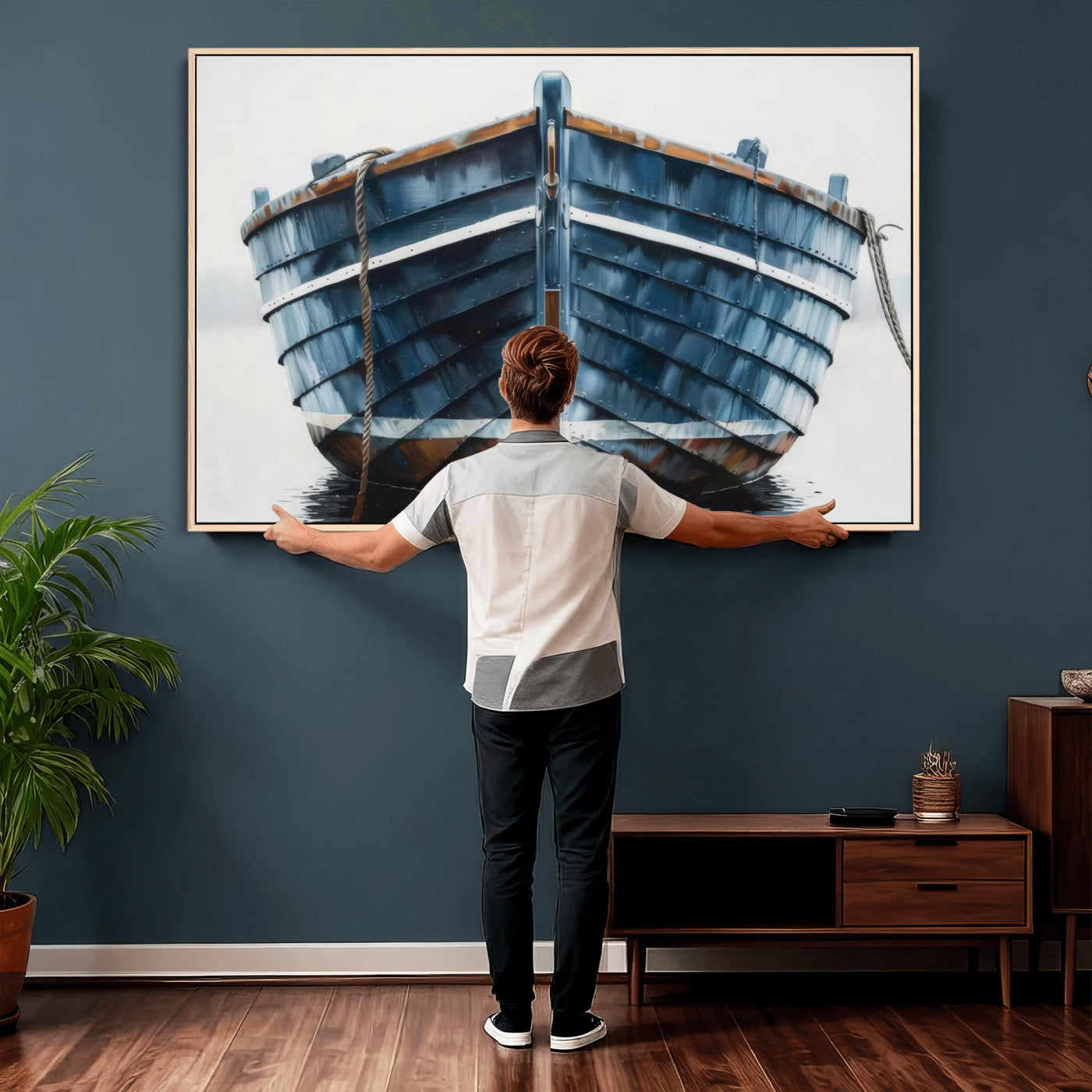21601740-MGV-CV-36X24 - Blue Wooden Rowboat Canvas Wall Art, Coastal Nautical Boat Painting Print for Lake Beach House Decor, Minimalist Maritime Decor Artwork