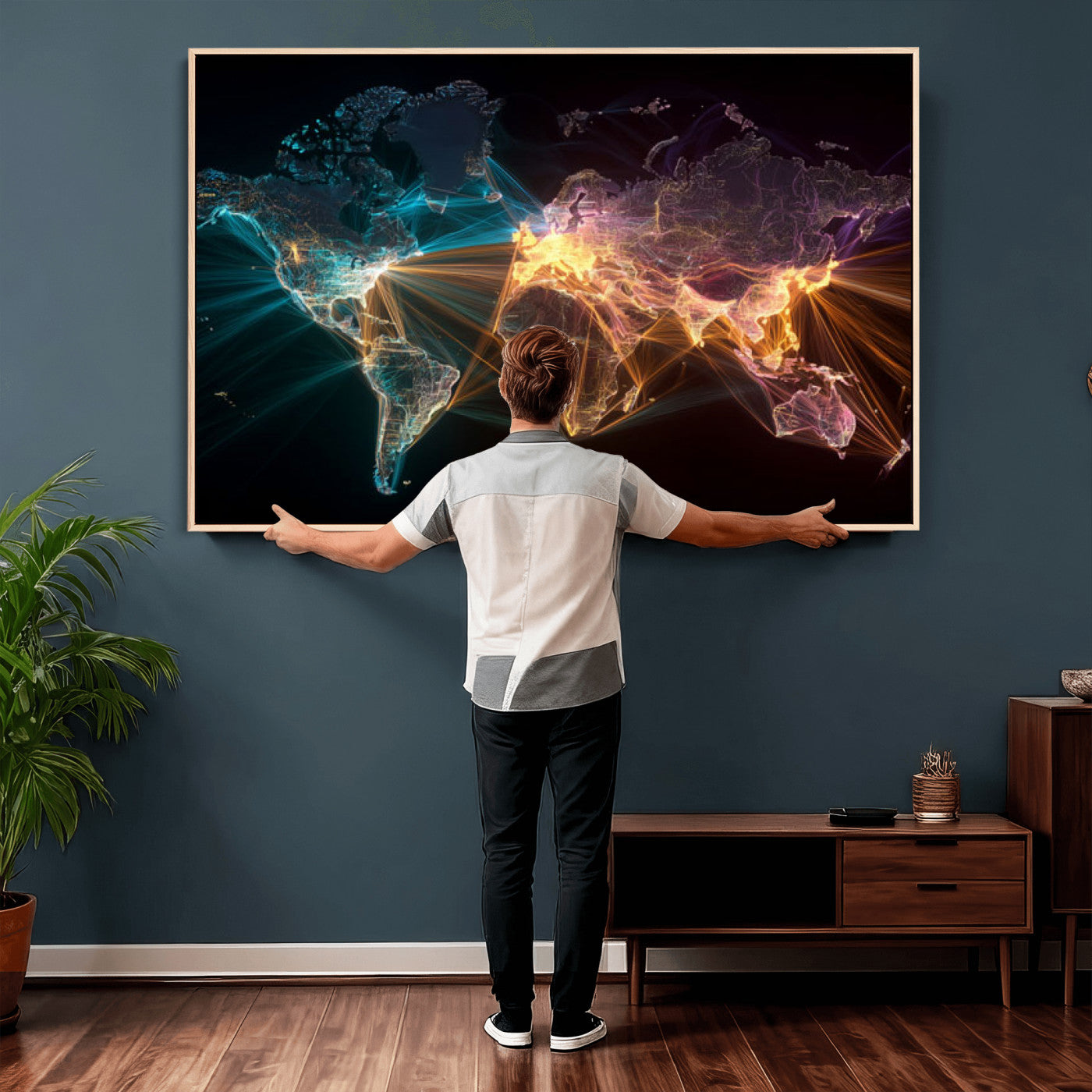 14891737-MGV-CV-36X24 - World Map and Global Flight Routes Map Canvas Wall Art, Worldwide Aviation Network Print, International Air Travel Wall Decor