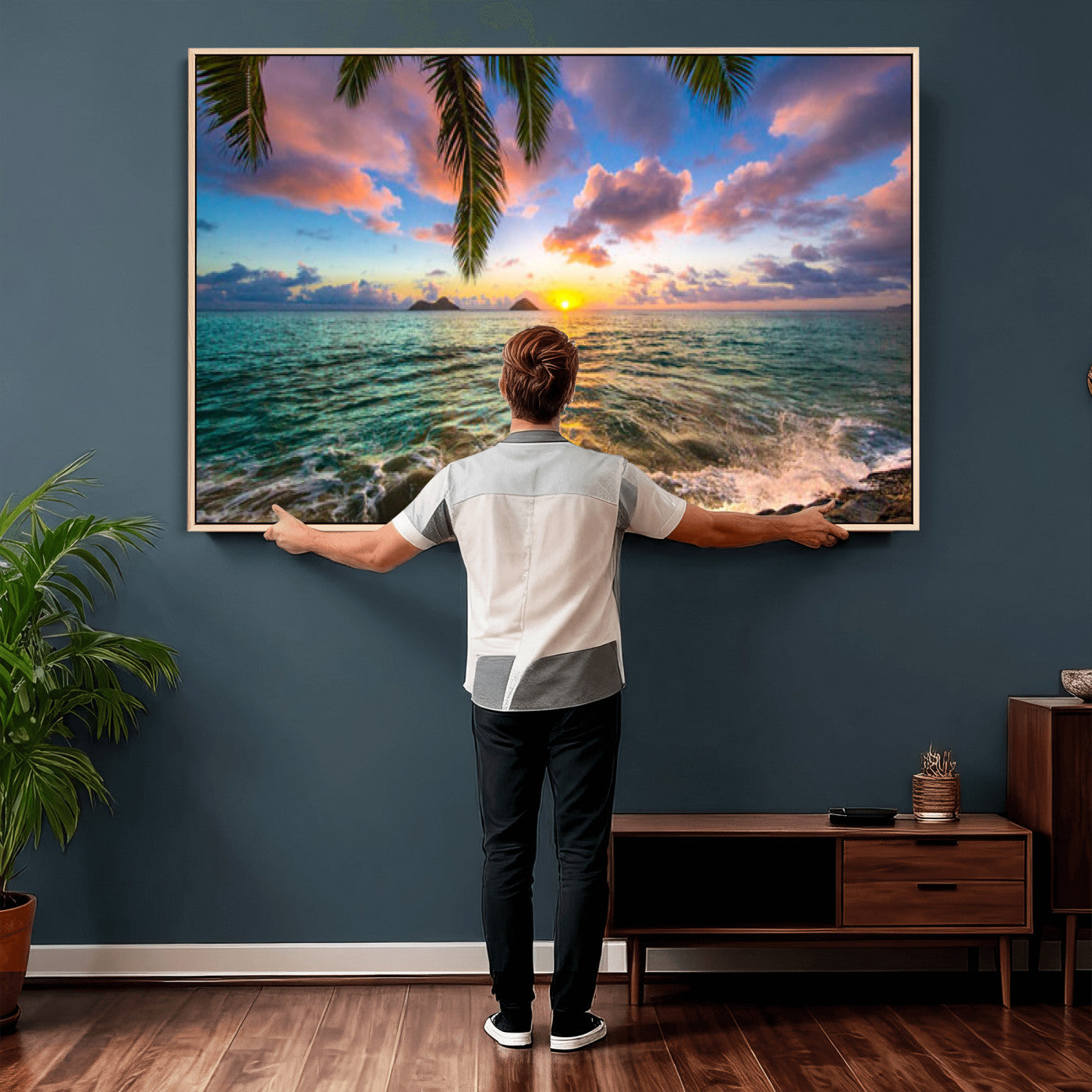 13207742-MGV-CV-36X24 - Hawaii Beach Sunset Canvas Wall Art Print, Tropical Ocean Landscape Artwork, Palm Tree Coastal Decor for Living Room Bedroom