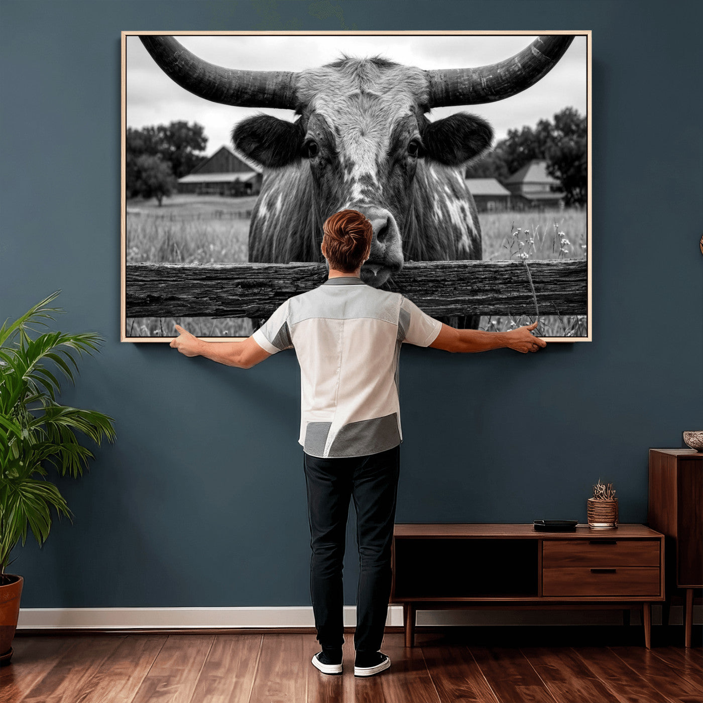 59378683B-MGV-CV-36X24 - Black White Texas Longhorn Bull Canvas Wall Art, Western Ranch Cattle Photography Print, Rustic Farmhouse Cowboy Decor Artwork