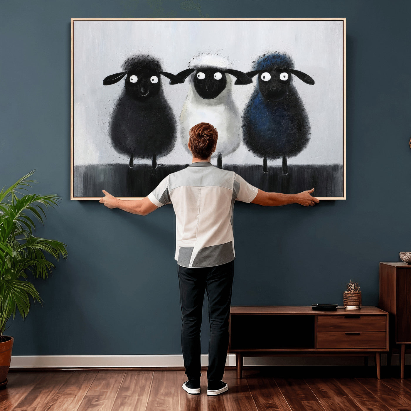 45650028-MGV-CV-36X24 - Funny Sheep Canvas Wall Art, Three Quirky Sheep Painting Print, Cute Animal Nursery Decor, Black White Navy Farmhouse Art, Kids Room Gift