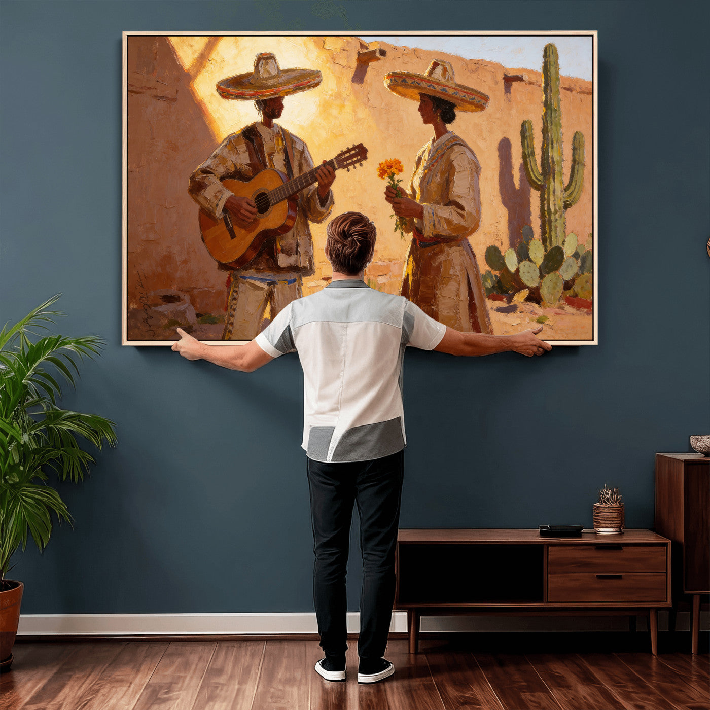41849005-MGV-CV-36X24 - Mexican Couple Canvas Wall Art, Romantic Serenade Guitar Painting Print, Southwestern Desert Adobe Decor, Warm Golden Folk Art, Living Room Art