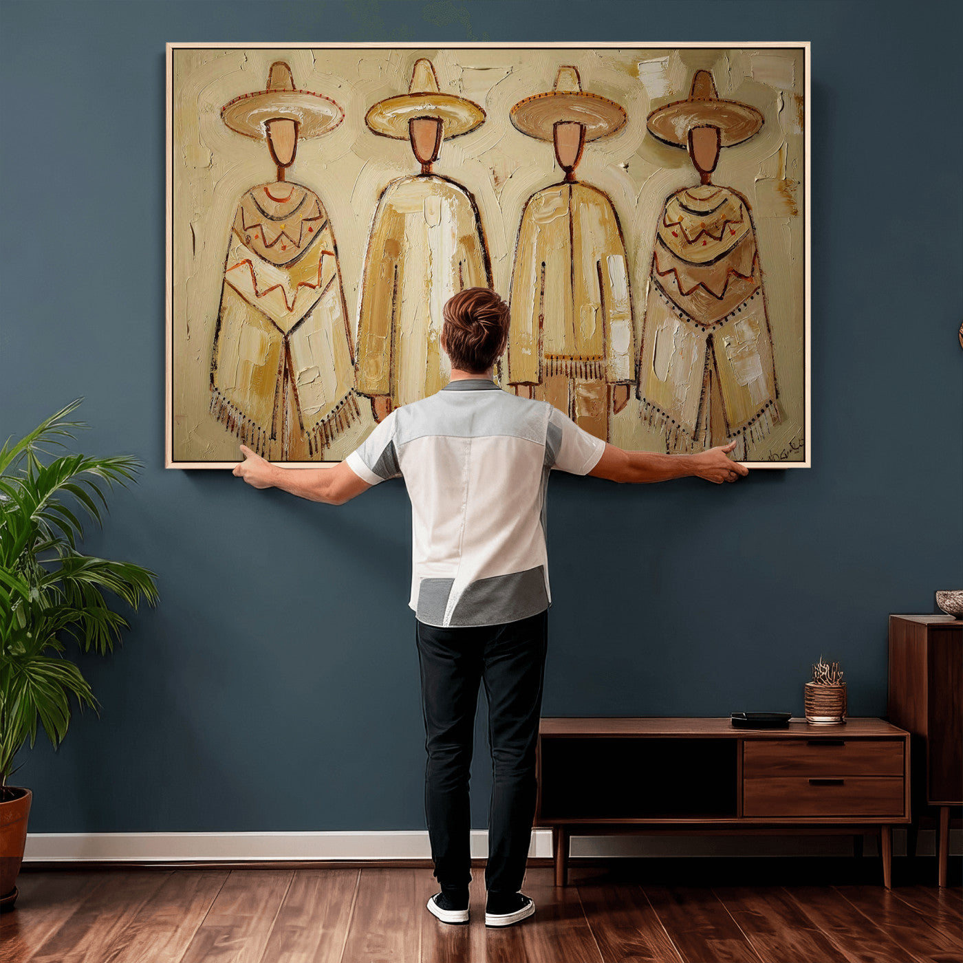 46071653-MGV-CV-36X24 - Mexican Folk Art Canvas Wall Art, Charro Poncho Sombrero Painting Print, Neutral Beige Boho Decor, Southwestern Impasto Style, Living Room Art